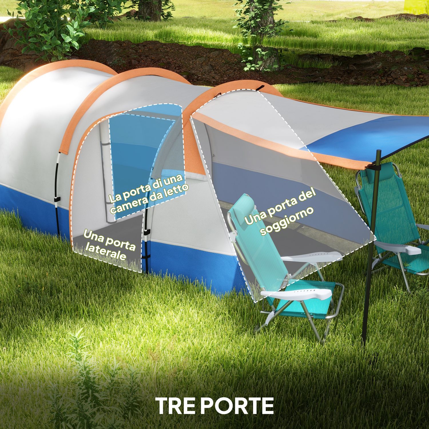 Tenda da campeggio impermeabile con 2 aree e 3 ingressi, poliestere e fibra di vetro, 420x200x150 cm, arancione - 