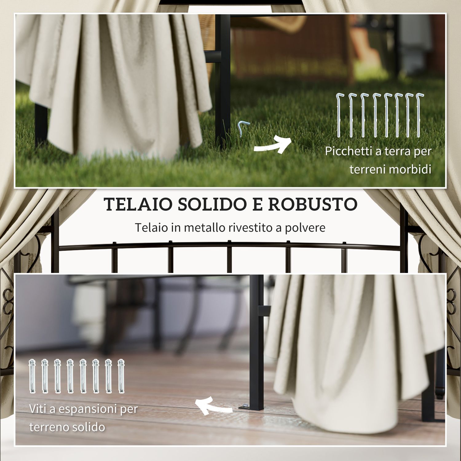 Gazebo da giardino rotondo ø3m con tende e prese d'aria in metallo e poliestere, beige - 
