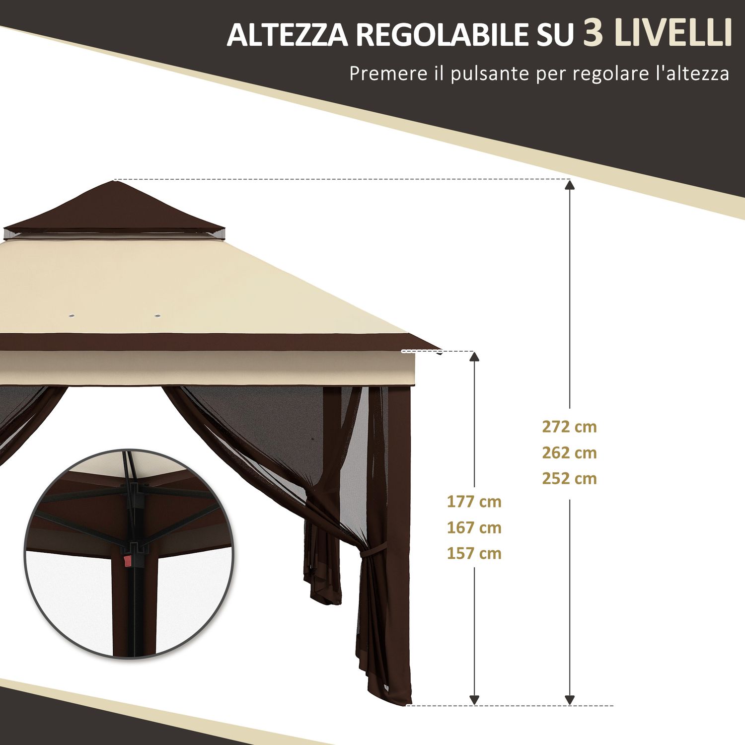 Gazebo 3x3 regolabile su 3 livelli con pareti rimovibili, in acciaio e tessuto oxford, color caffè e beige - 