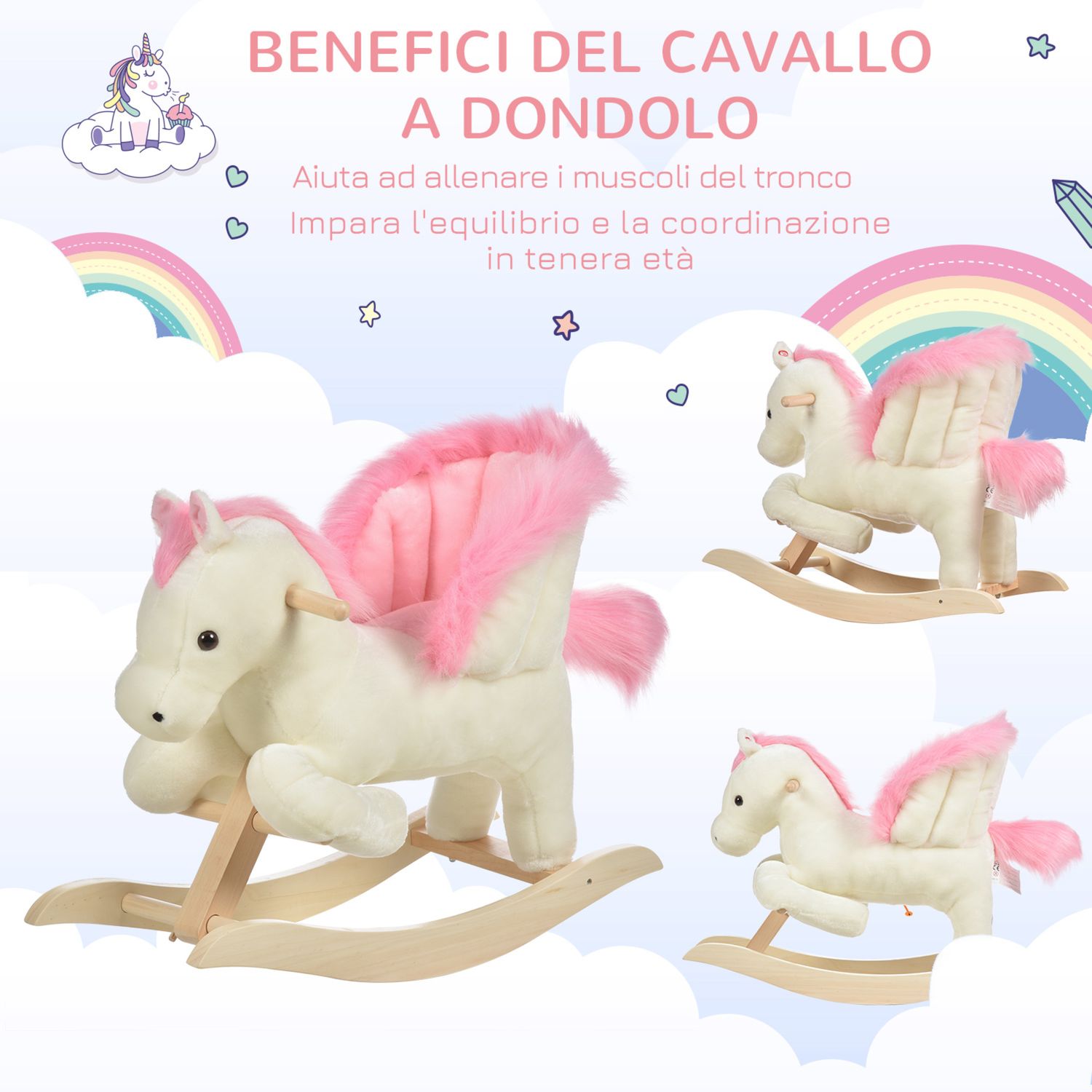 Cavallo a dondolo bianco e rosa con suoni e struttura in legno di pioppo per bambini 18-36 mesi, 70x28x57cm - 