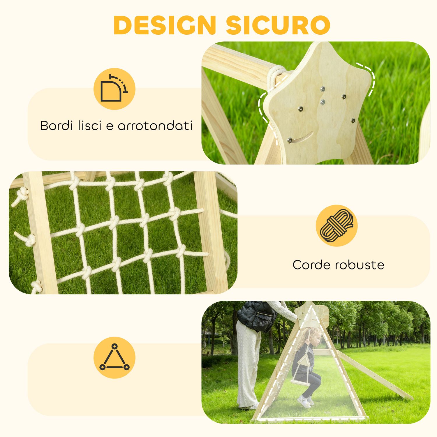 Gioco arrampicata 5 in 1 pieghevole con scivolo, 2 pareti, altalena e canestro, in legno, 140x172.5x116.5 cm - 