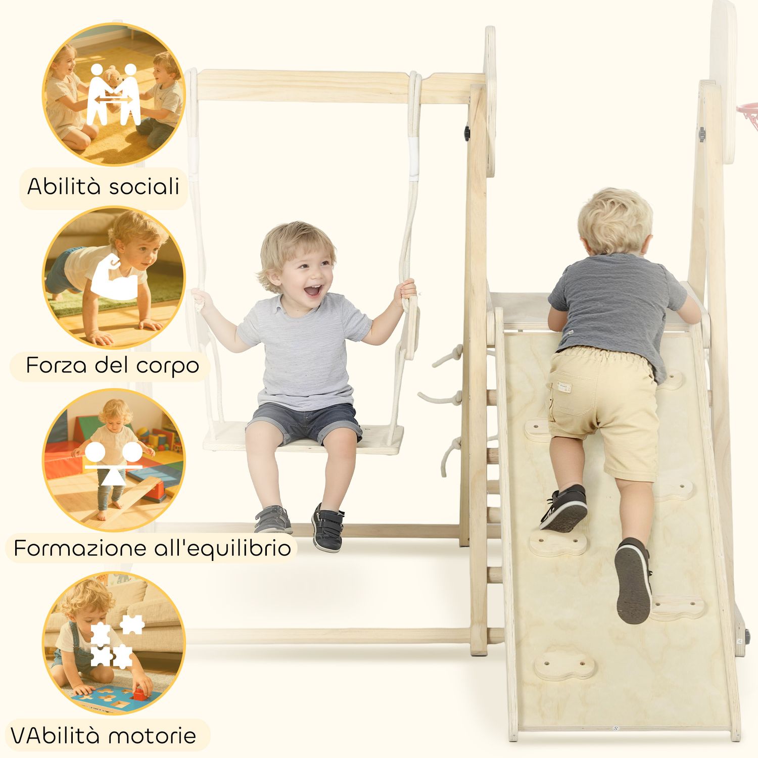 Gioco arrampicata 5 in 1 pieghevole con scivolo, 2 pareti, altalena e canestro, in legno, 140x172.5x116.5 cm - 