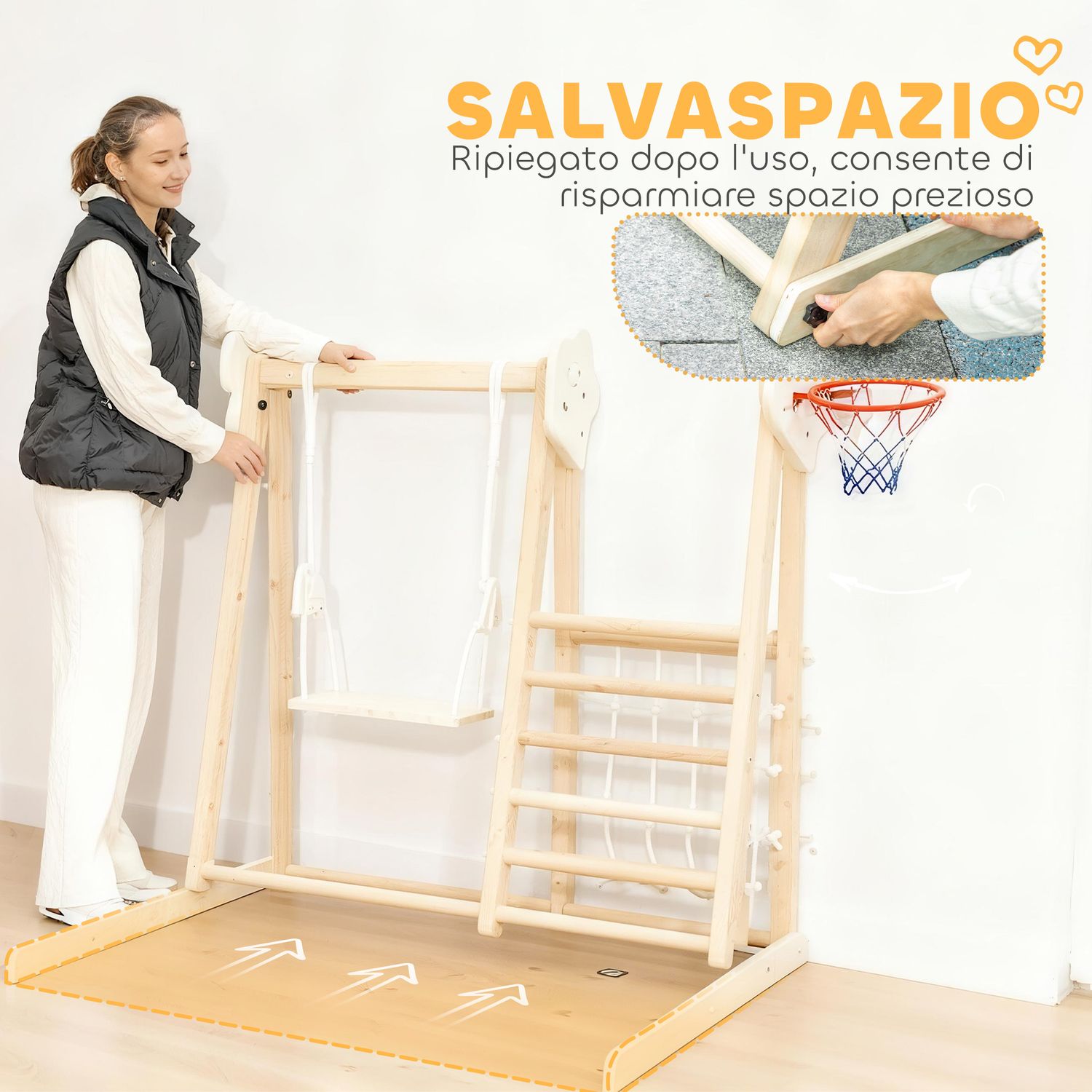 Gioco arrampicata 5 in 1 pieghevole con scivolo, 2 pareti, altalena e canestro, in legno, 140x172.5x116.5 cm - 