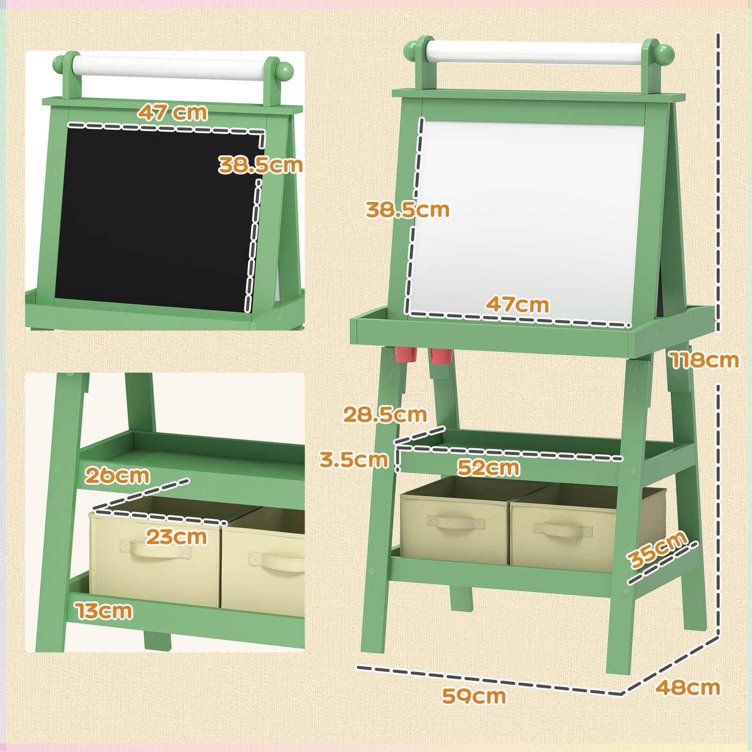 Lavagna per bambini con cavalletto 3 in 1, rotolo di carta e 2 contenitori, in legno, 59x48x118 cm, verde - 