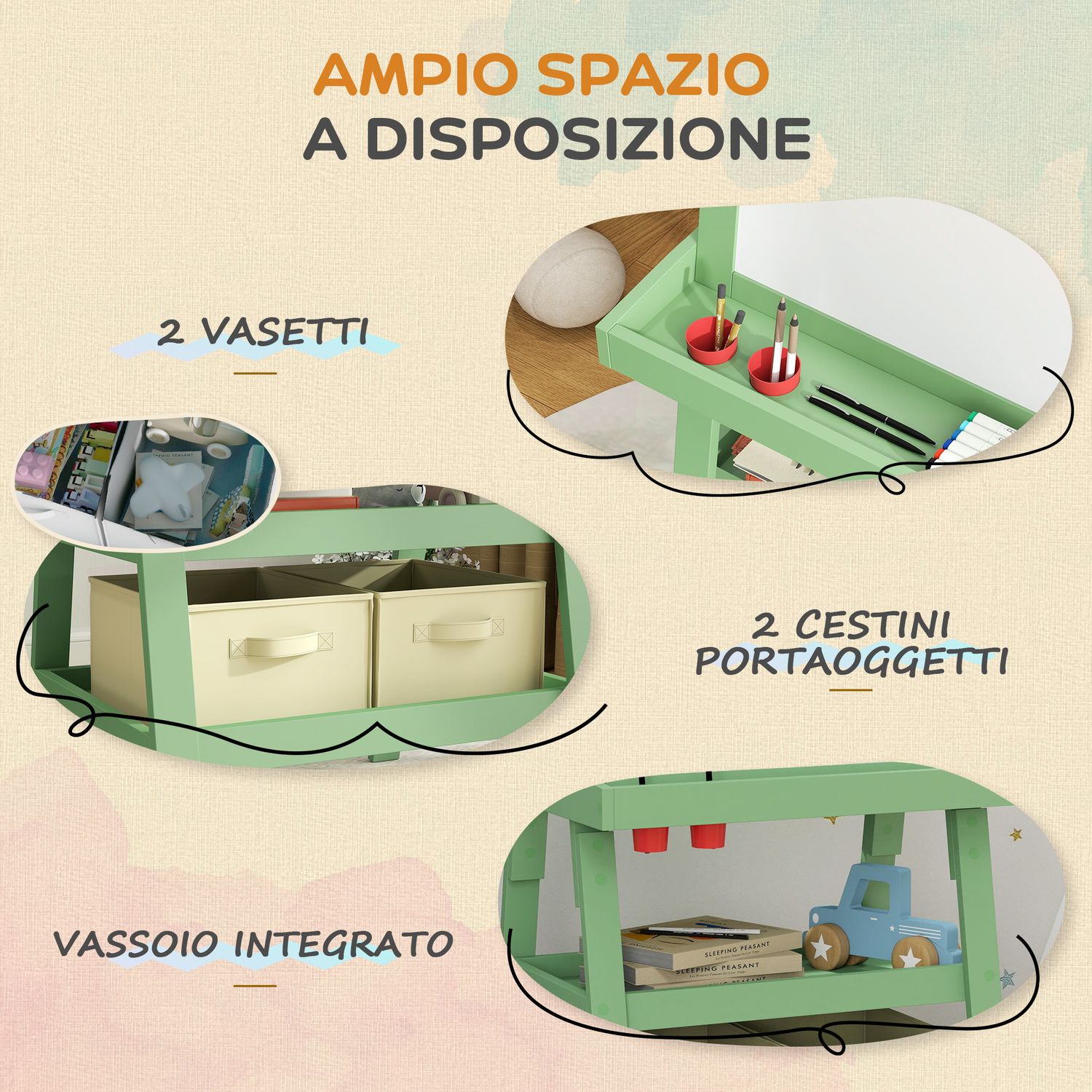 Lavagna per bambini con cavalletto 3 in 1, rotolo di carta e 2 contenitori, in legno, 59x48x118 cm, verde - 