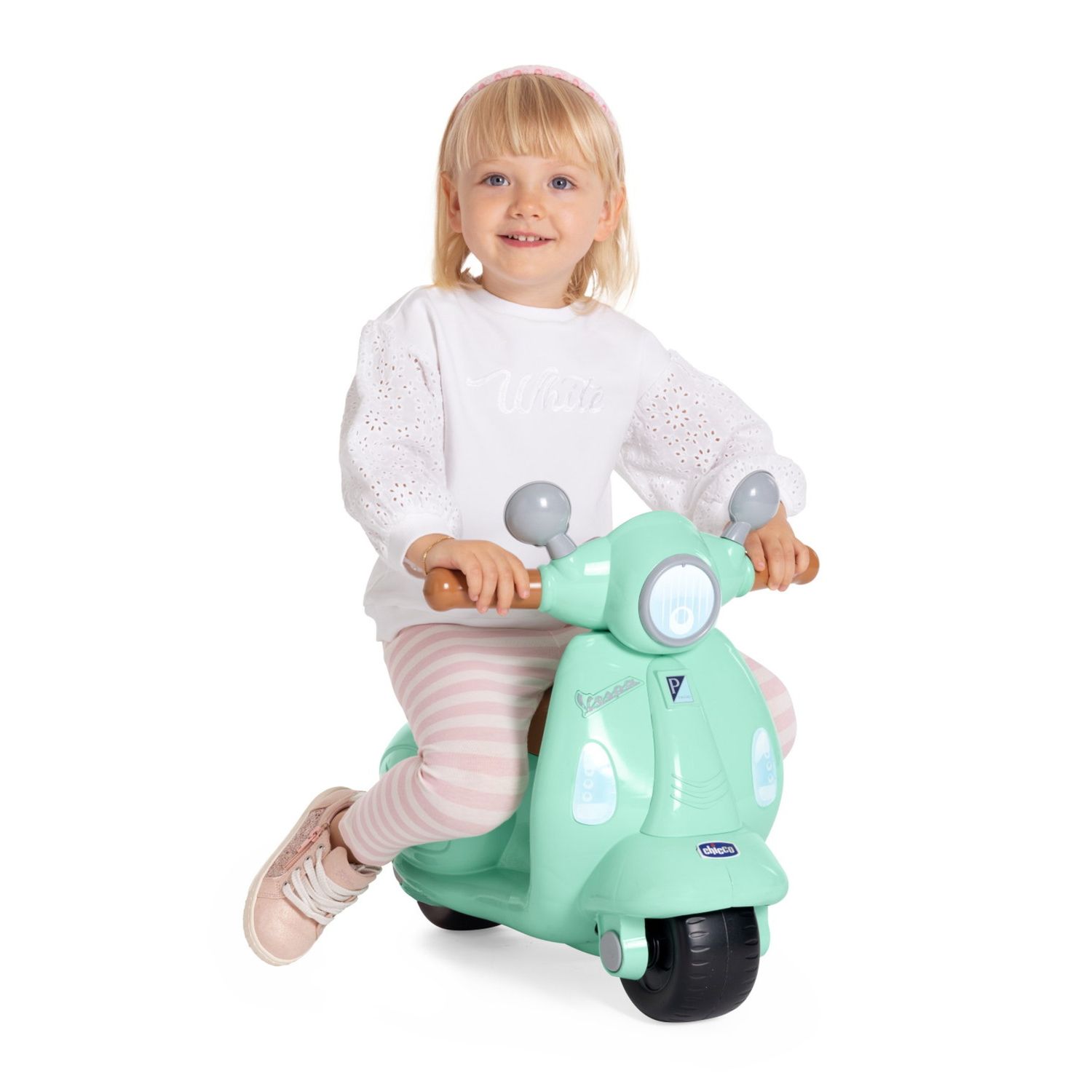 Chicco vespa primavera cavalcabile - moto giocattolo con luci, suoni, ruote rimovibili, max 25 kg - per bambini 1-3 anni, verde acqua - Chicco