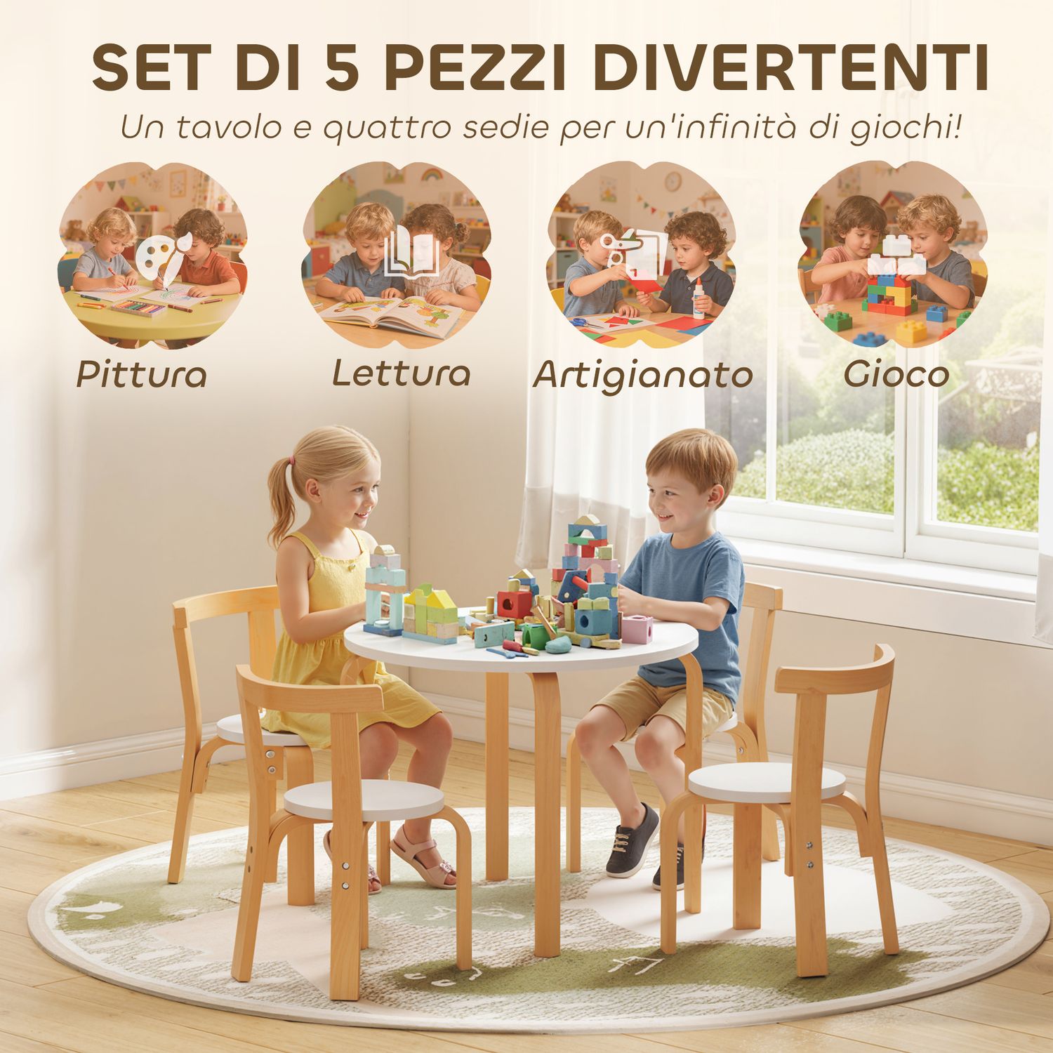 Set tavolo e sedie per bambini 3-8 anni 5 pz con bordi arrotondati in legno bianco - 