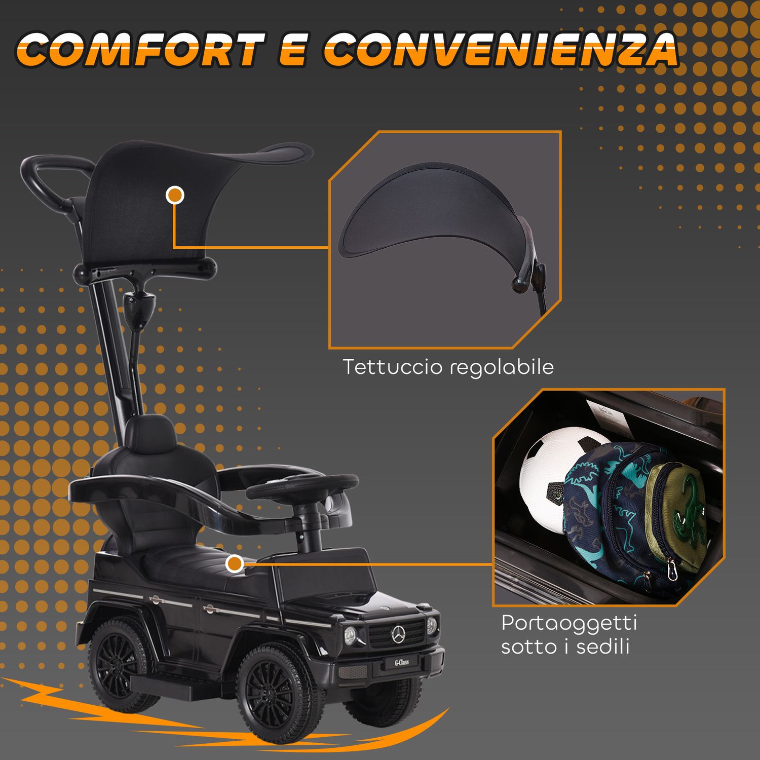 Macchina a spinta per bambini 12-36 mesi con licenza mercedes, tettuccio e maniglia di spinta, 85.5x40.5x95 cm, nero - 