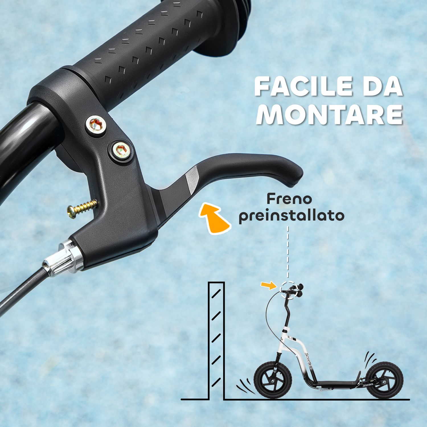 Monopattino per bambini 5-12 anni con freno, cavalletto e manubrio regolabile, 129x52x80-88 cm, bianco e nero - 