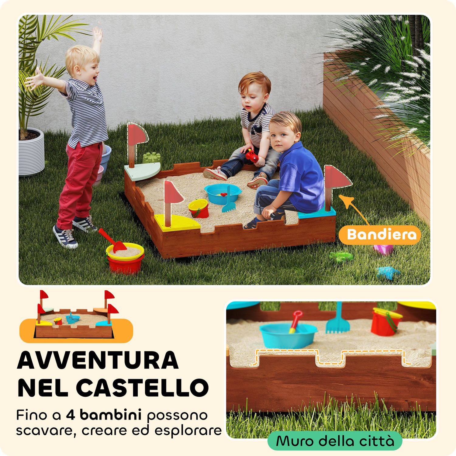 Sabbiera per bambini 3-7 anni a forma di castello con 4 sedute in legno di abete, 90x90x17 cm, multicolore - 
