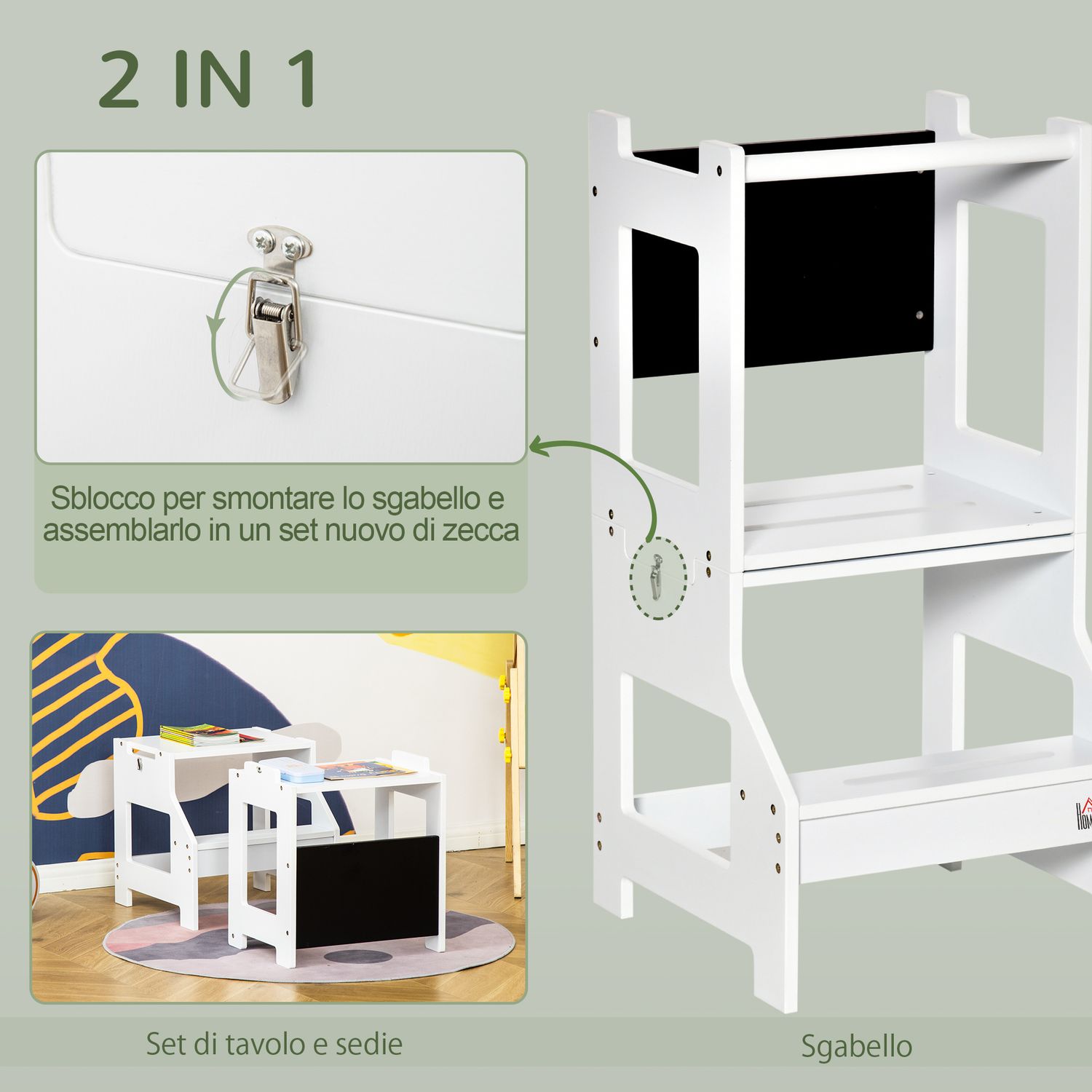 Scala montessori 2 in 1 in mdf staccabile, con sgabello, lavagna inclusi, per bambini 3-6 anni, bianco - 