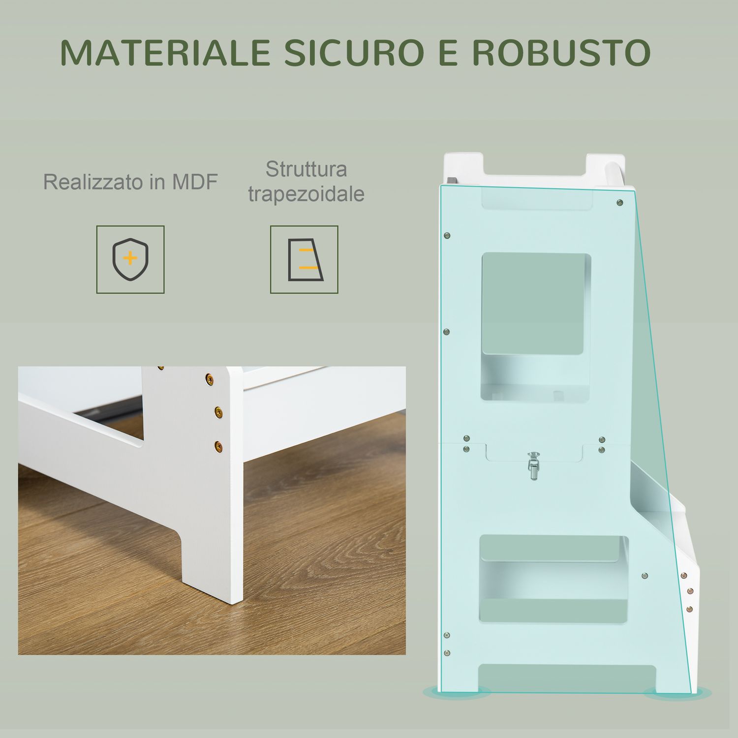 Scala montessori 2 in 1 in mdf staccabile, con sgabello, lavagna inclusi, per bambini 3-6 anni, bianco - 