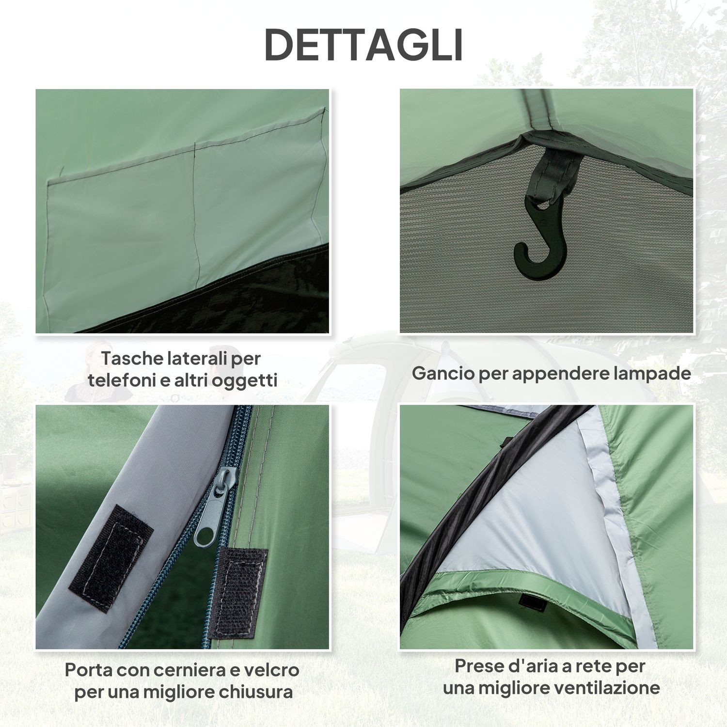 Tenda da campeggio 2-4 posti con telo impermeabile e porte con cerniera, 426x206x15 cm, verde scuro - 