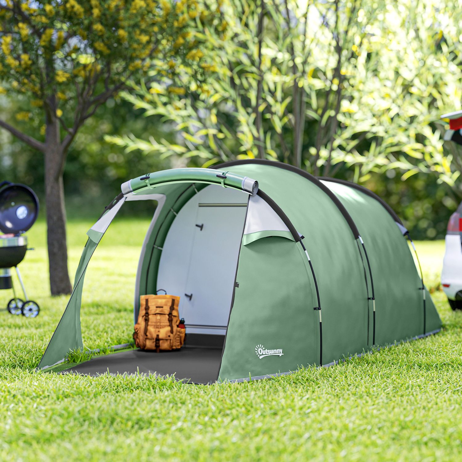 Tenda da campeggio 2-4 posti con telo impermeabile e porte con cerniera, 426x206x15 cm, verde scuro - 