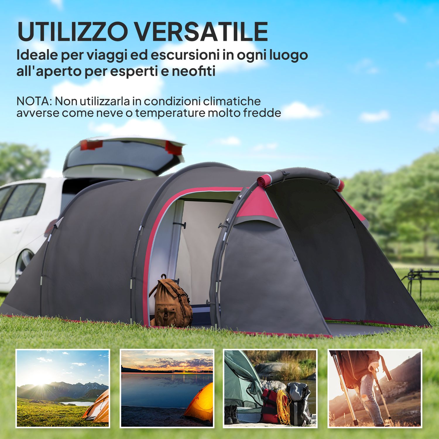 Tenda da campeggio 2-4 posti con vestibolo e porte con cerniera, 426x206x154cm grigio - 