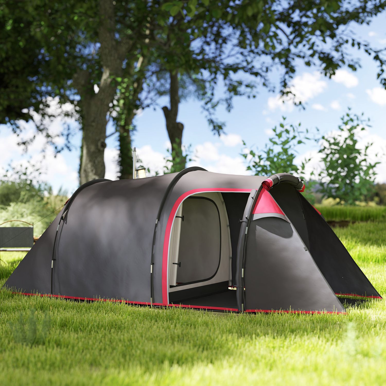 Tenda da campeggio 2-4 posti con vestibolo e porte con cerniera, 426x206x154cm grigio - 