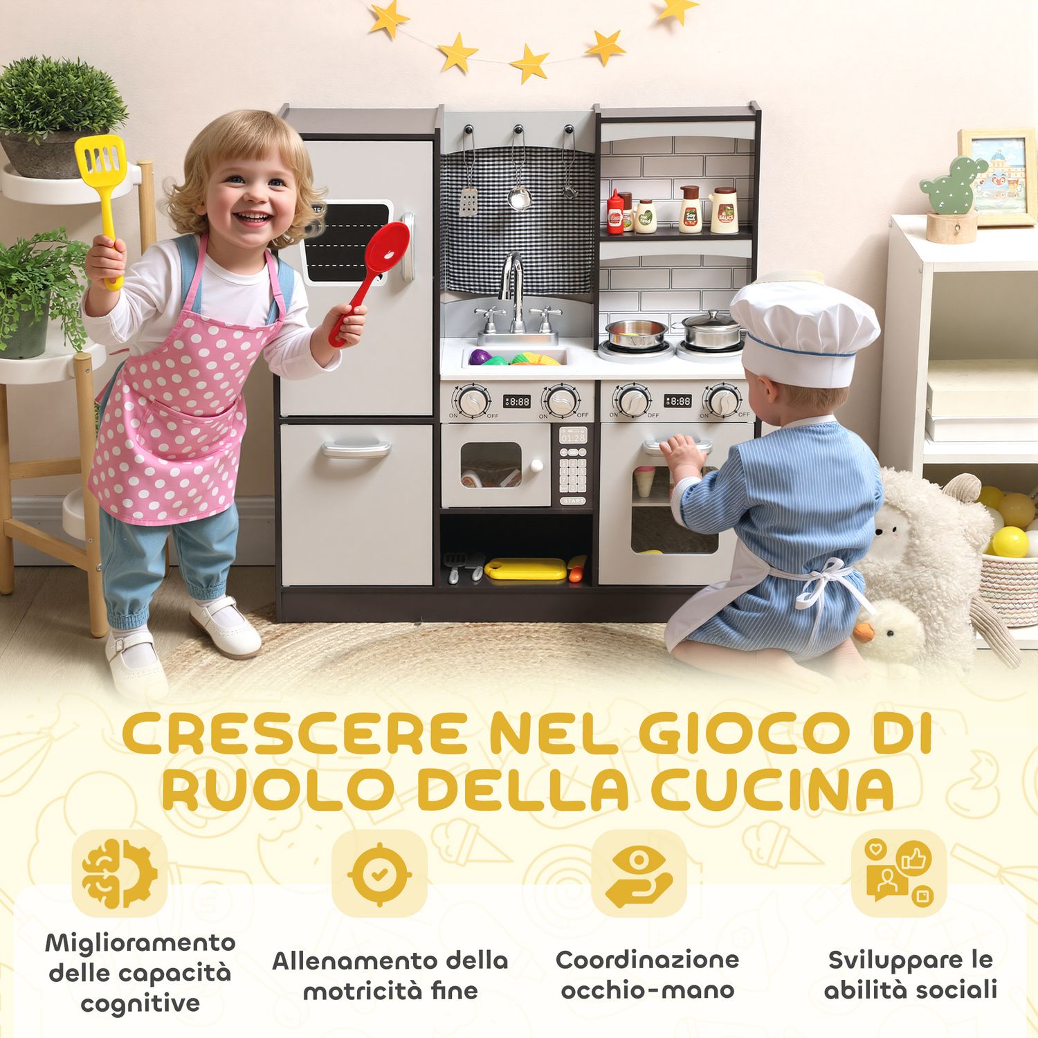 Cucina giocattolo per bambini 3-8 anni in legno con accessori, frigo, lavandino e manopole con suoni, marrone - 