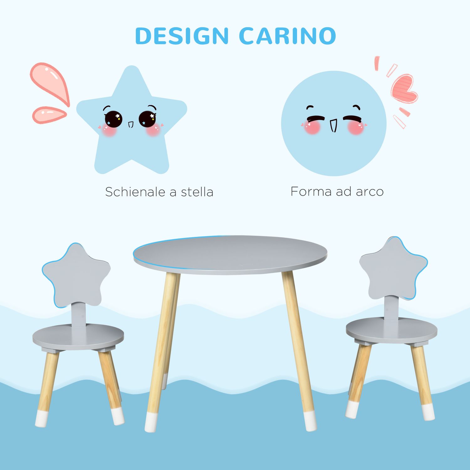 Set tavolo con 2 sedie per bambini in legno, età da 18 mesi a 4 anni, grigio - 