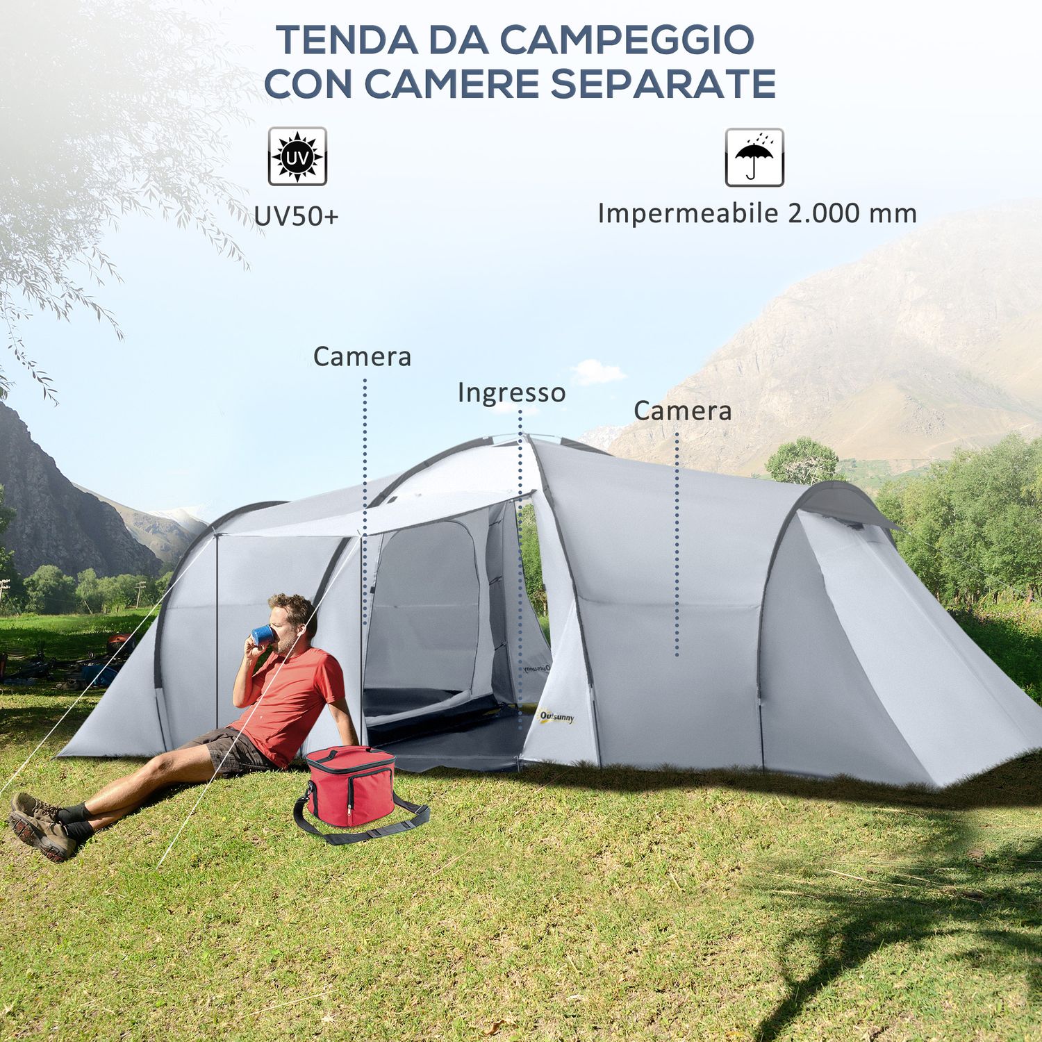 Tenda da campeggio 5 posti con 2 camere impermeabile con baldacchino, 590x245x193 cm, grigio - 