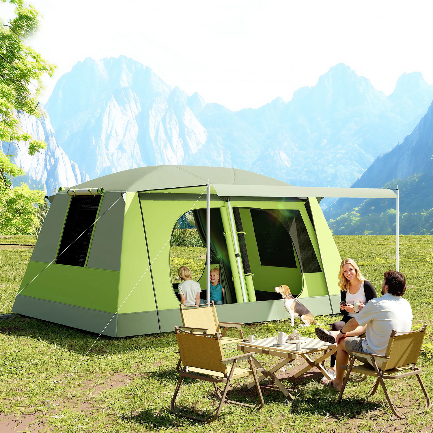 Tenda da campeggio familiare 4-8 persone con 2 cabine letto, impermeabile e resistente ai raggi uv - 