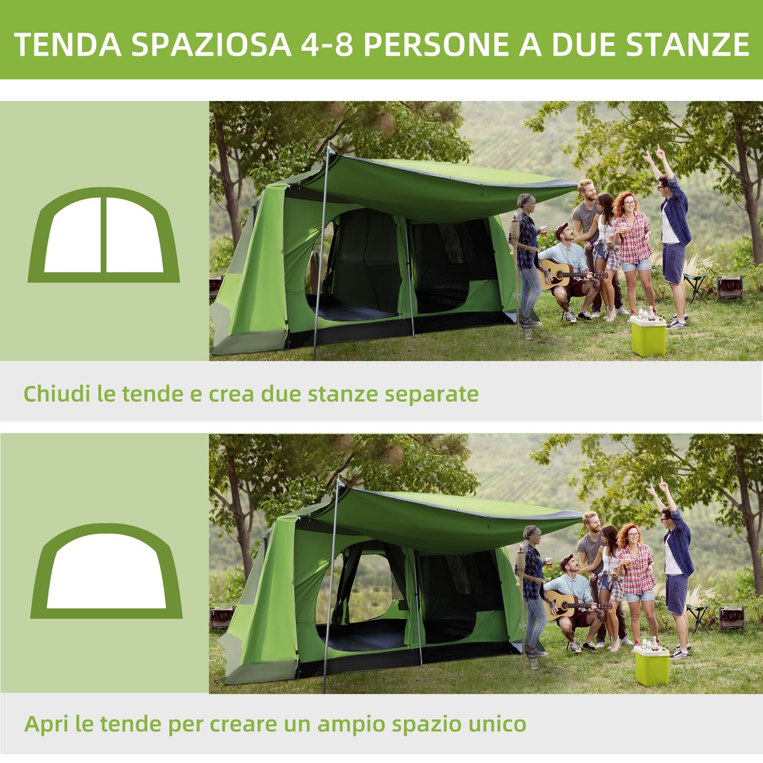 Tenda da campeggio familiare 4-8 persone con 2 cabine letto, impermeabile e resistente ai raggi uv - 