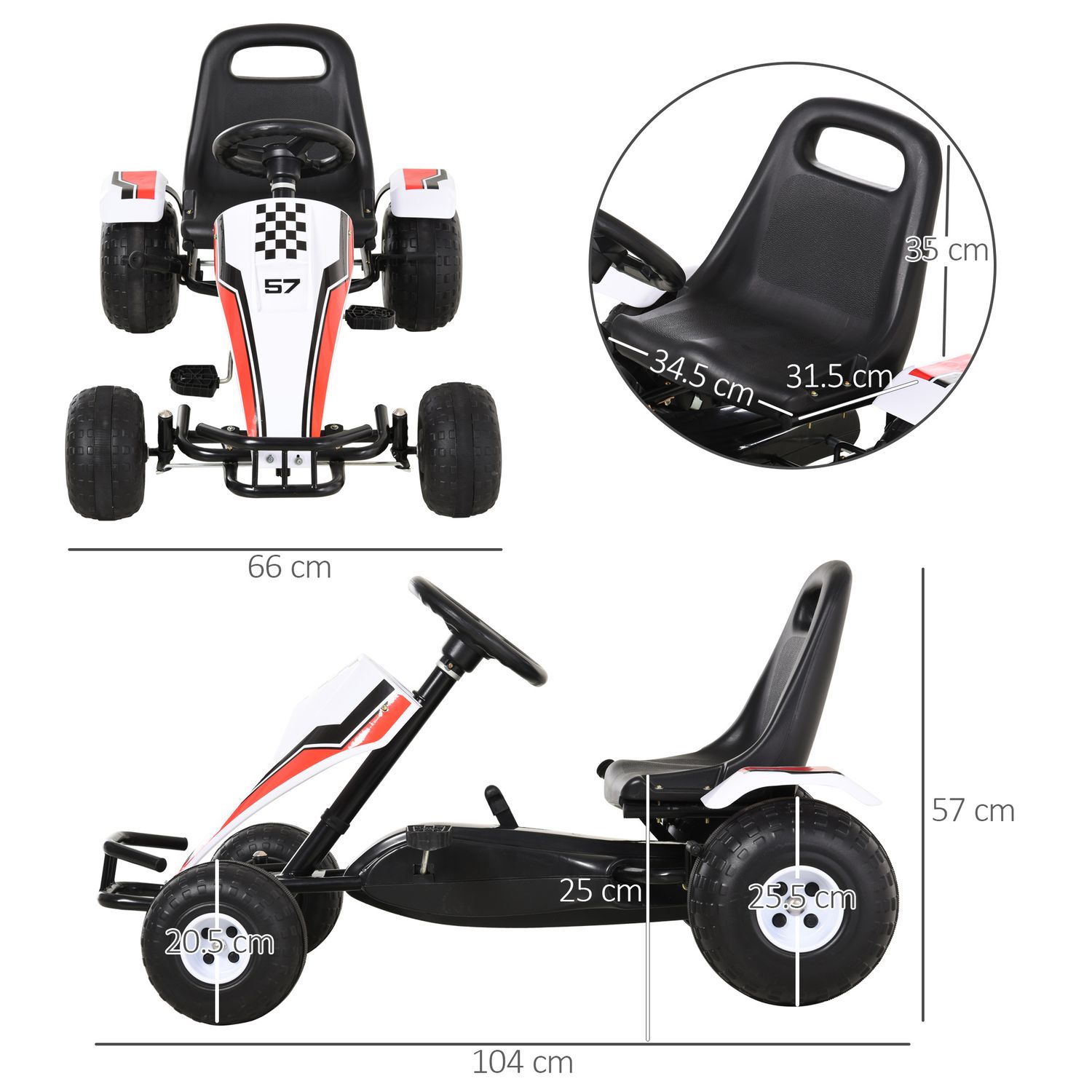 Go-kart a pedali bianco per bambini 3-6 anni con sedile regolabile, ruote in plastica, freno a mano e cambio - 