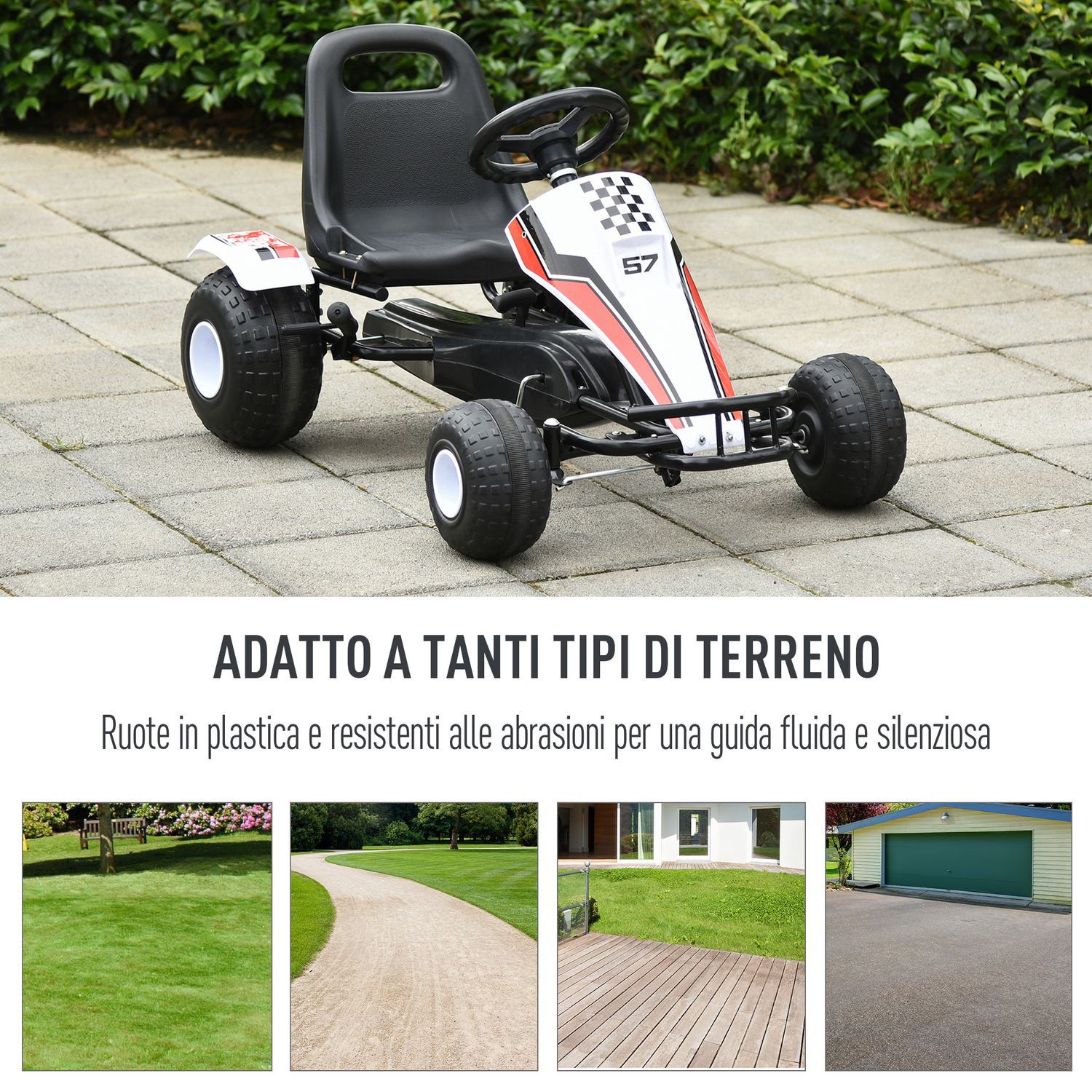 Go-kart a pedali bianco per bambini 3-6 anni con sedile regolabile, ruote in plastica, freno a mano e cambio - 