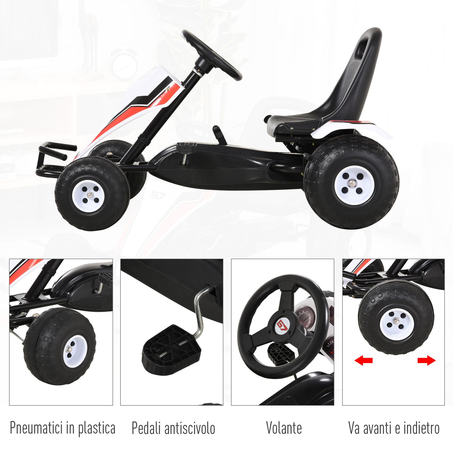 Go-kart a pedali bianco per bambini 3-6 anni con sedile regolabile, ruote in plastica, freno a mano e cambio - 