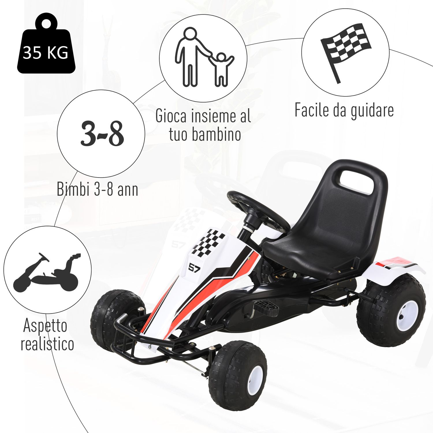 Go-kart a pedali bianco per bambini 3-6 anni con sedile regolabile, ruote in plastica, freno a mano e cambio - 