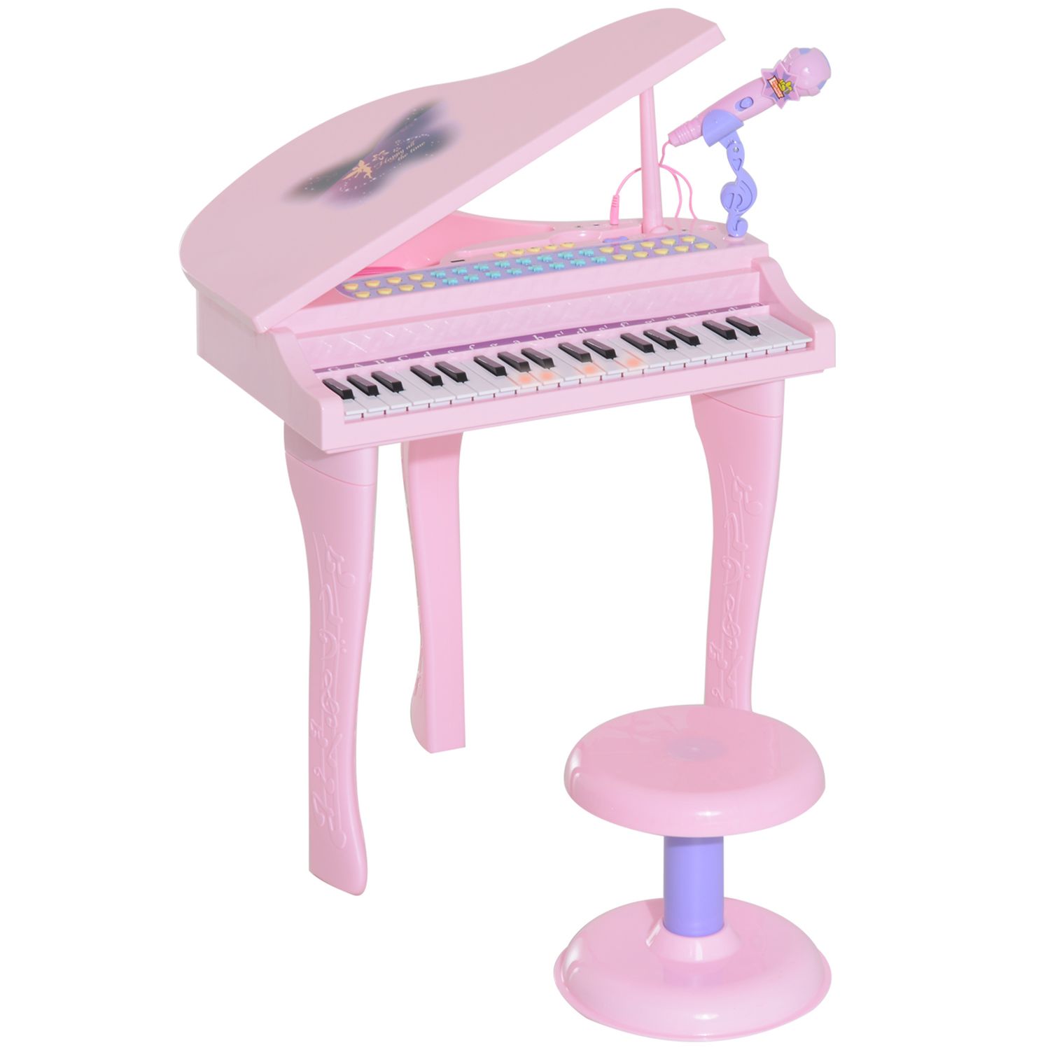 Pianoforte giocattolo per bambini , strumento musicale elettrico con 37 tasti luminosi, microfono e sgabello inclusi, 48x39x69 cm, rosa - 
