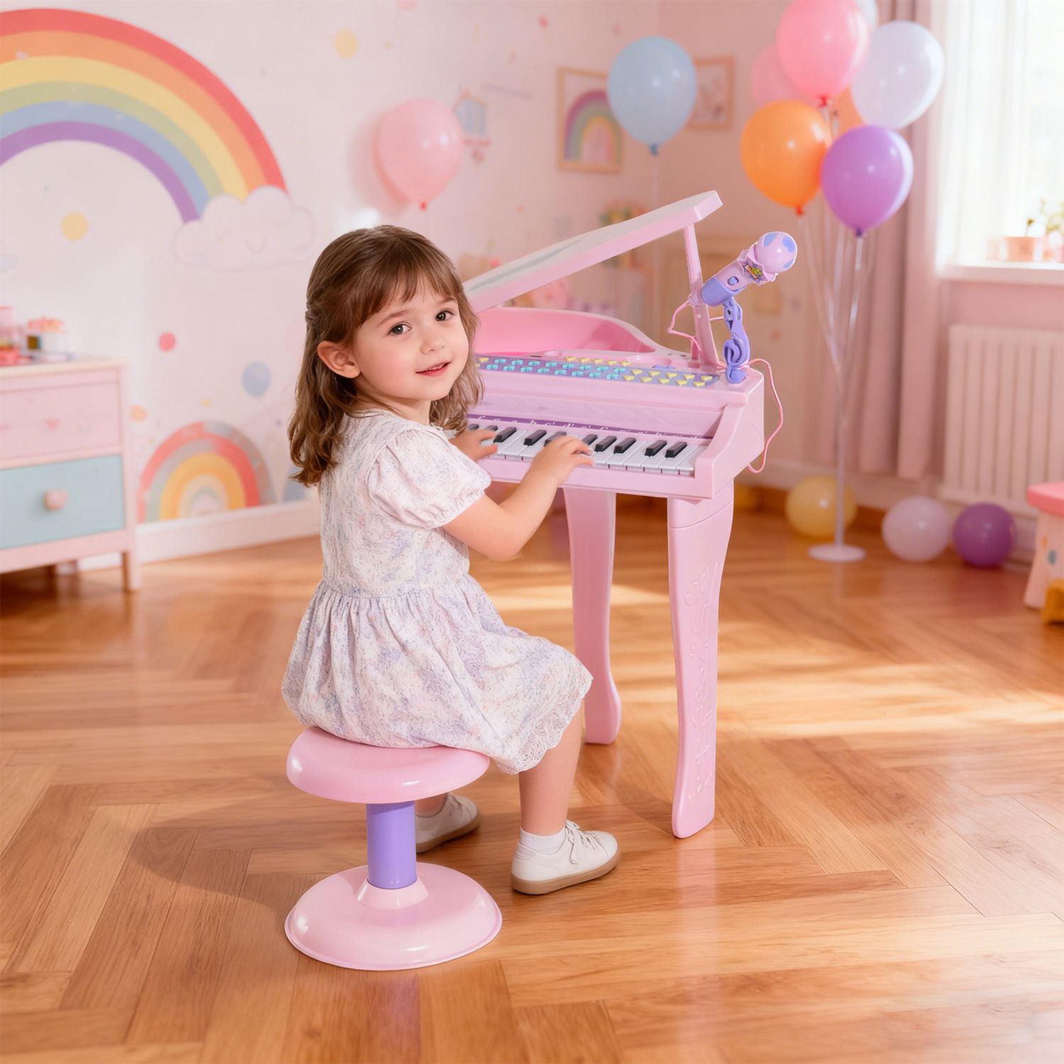 Pianoforte giocattolo per bambini , strumento musicale elettrico con 37 tasti luminosi, microfono e sgabello inclusi, 48x39x69 cm, rosa - 