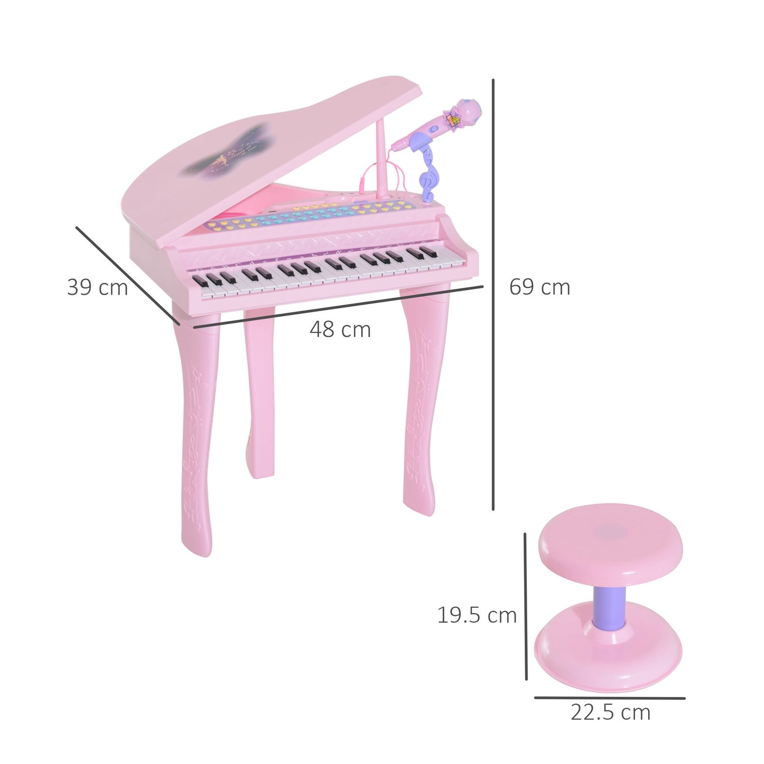 Pianoforte giocattolo per bambini , strumento musicale elettrico con 37 tasti luminosi, microfono e sgabello inclusi, 48x39x69 cm, rosa - 