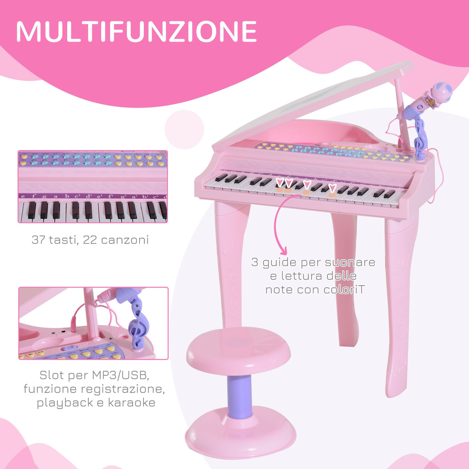 Pianoforte giocattolo per bambini , strumento musicale elettrico con 37 tasti luminosi, microfono e sgabello inclusi, 48x39x69 cm, rosa - 