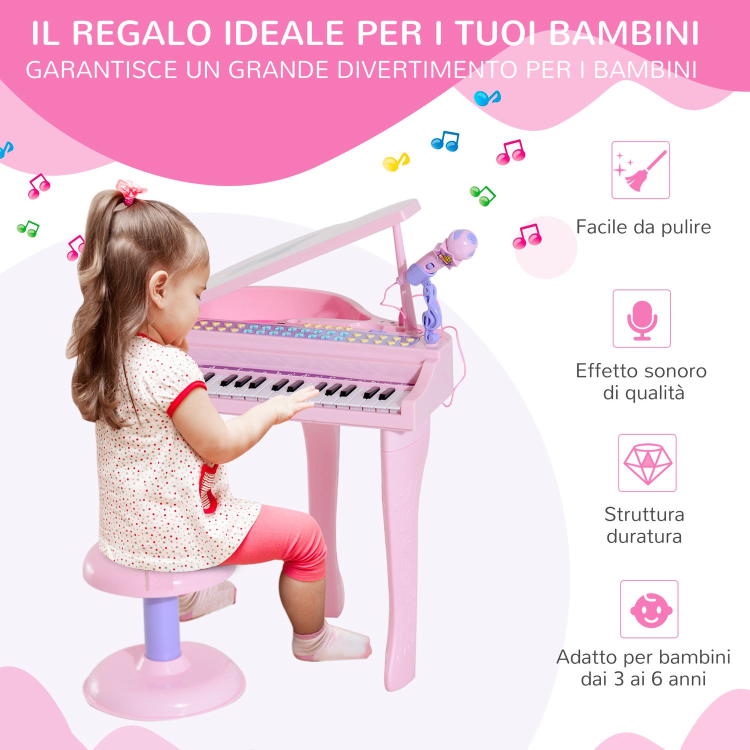 Pianoforte giocattolo per bambini , strumento musicale elettrico con 37 tasti luminosi, microfono e sgabello inclusi, 48x39x69 cm, rosa - 
