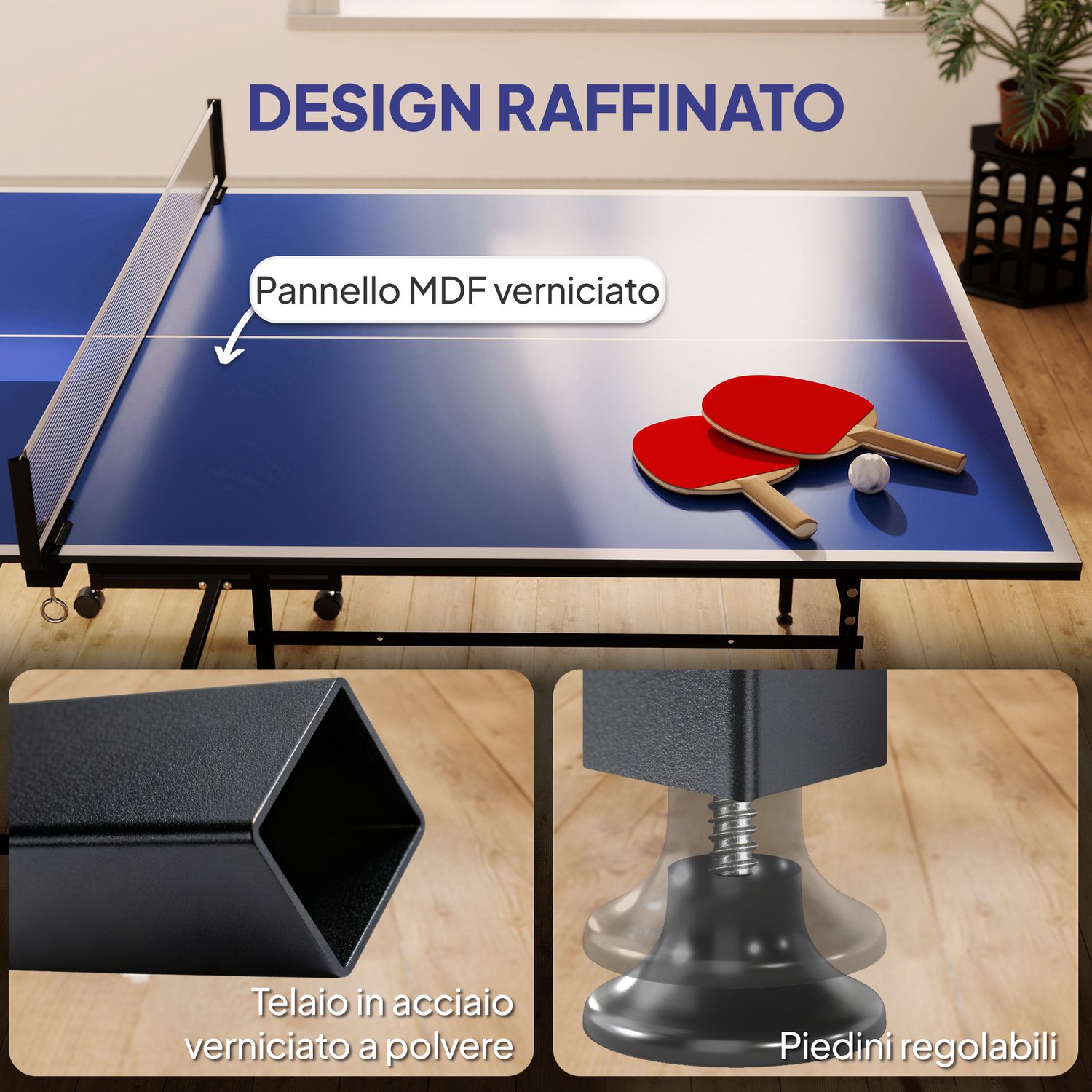 Tavolo da ping pong pieghevole per interni con ruote girevoli, rete, racchette e palline, blu - 