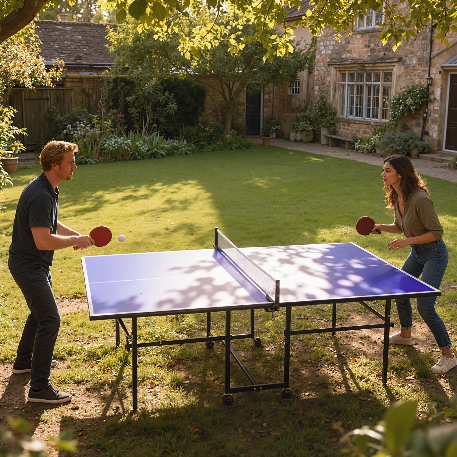 Tavolo da ping pong pieghevole per interni con ruote girevoli, rete, racchette e palline, blu - 