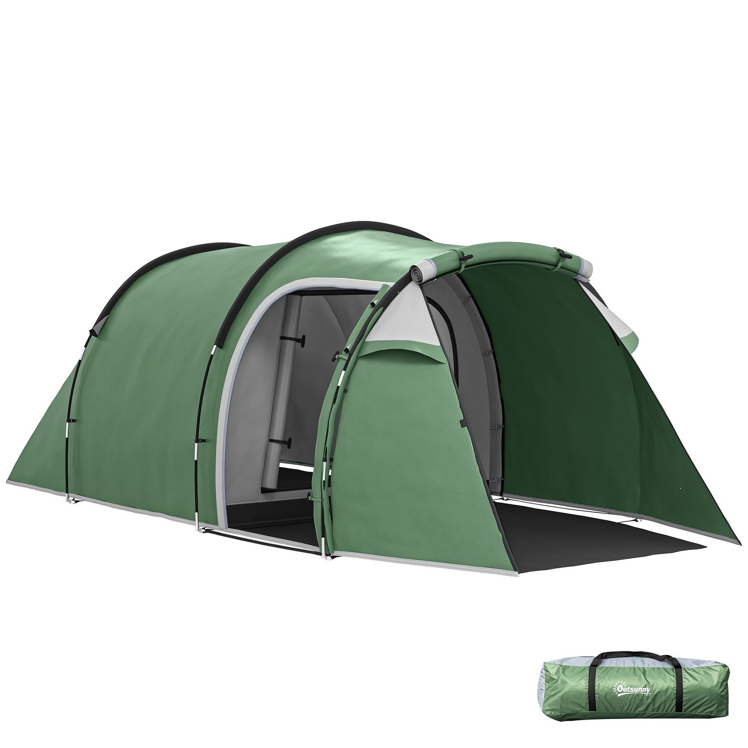 Tenda da campeggio 2-4 posti con telo impermeabile e porte con cerniera, 426x206x15 cm, verde scuro - 