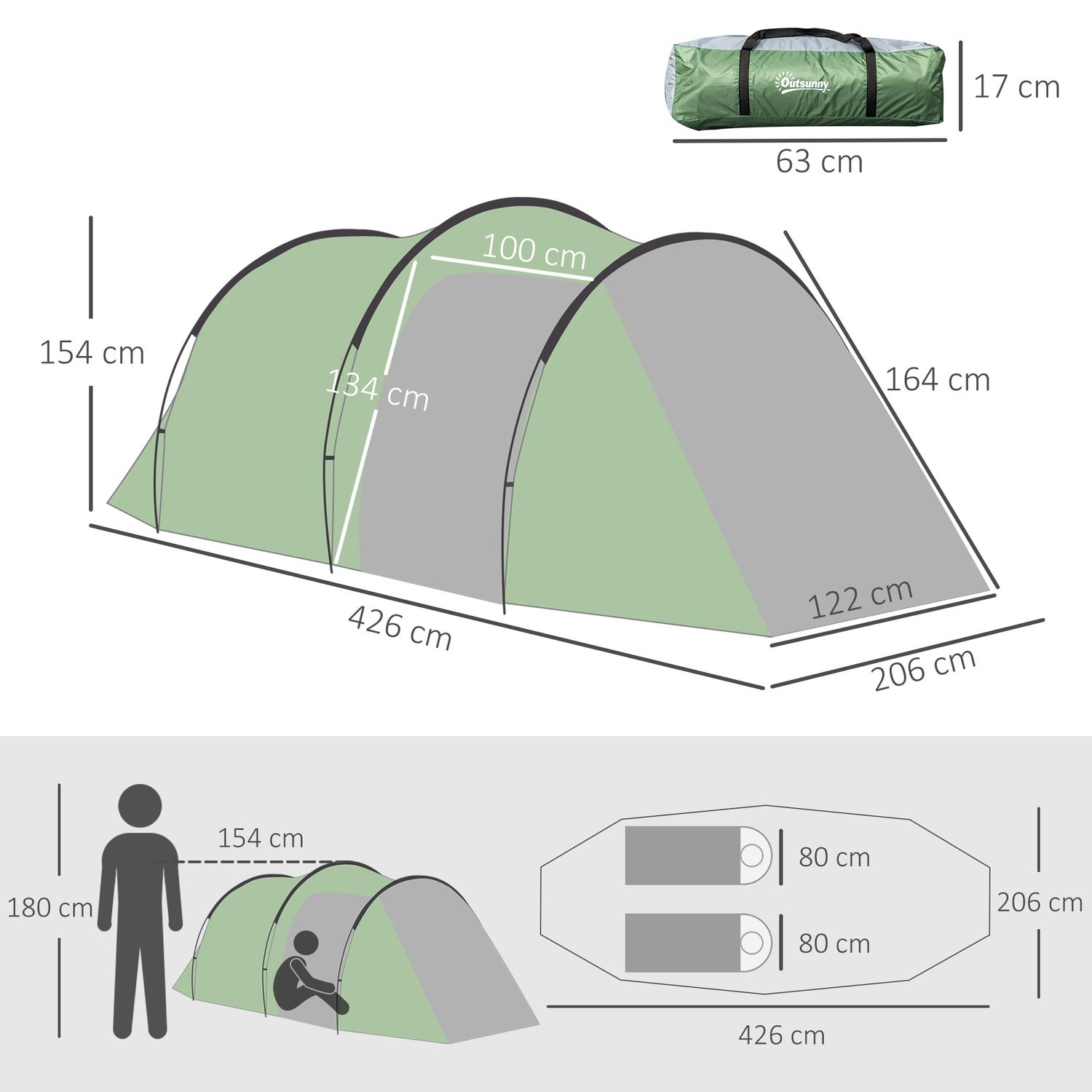 Tenda da campeggio 2-4 posti con telo impermeabile e porte con cerniera, 426x206x15 cm, verde scuro - 