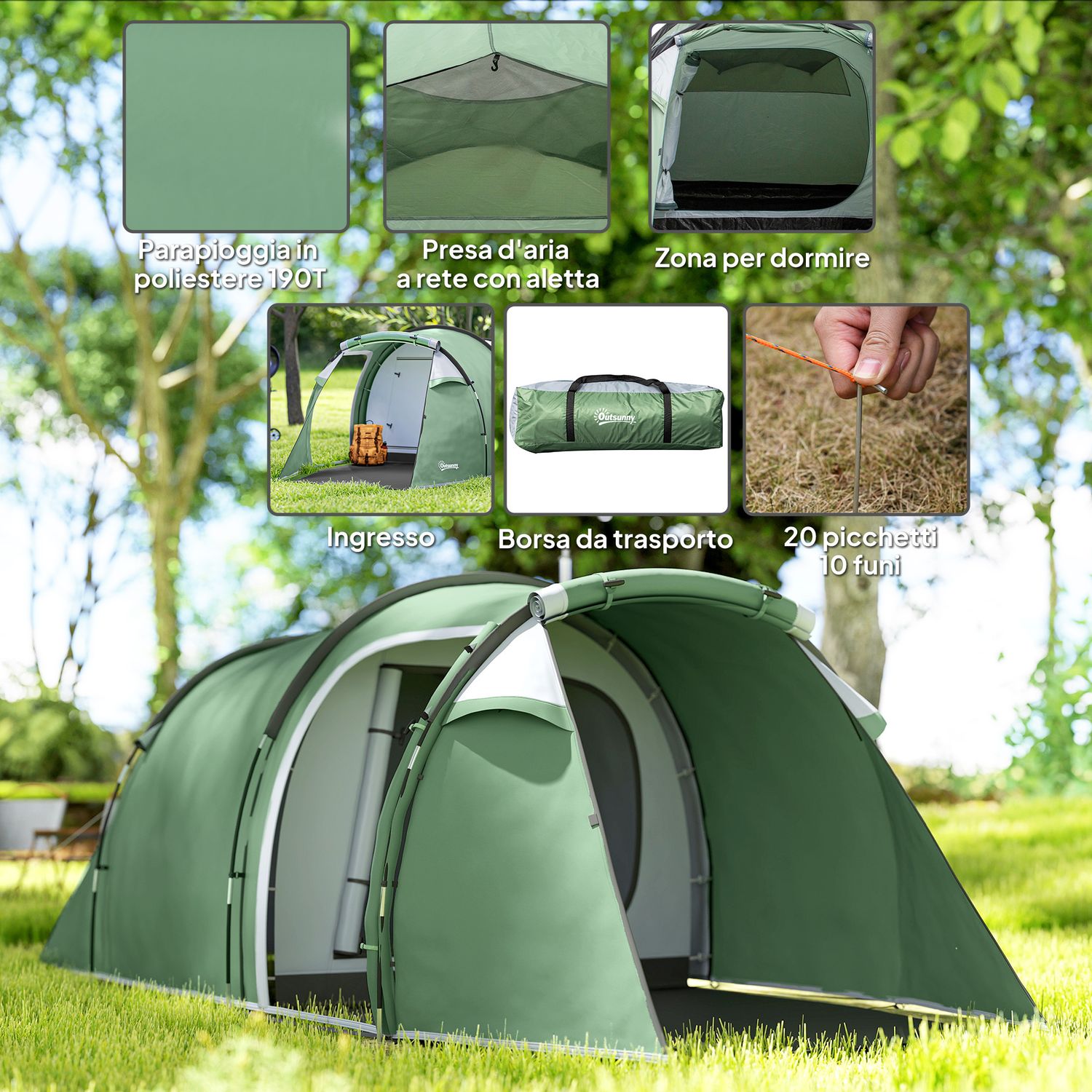 Tenda da campeggio 2-4 posti con telo impermeabile e porte con cerniera, 426x206x15 cm, verde scuro - 
