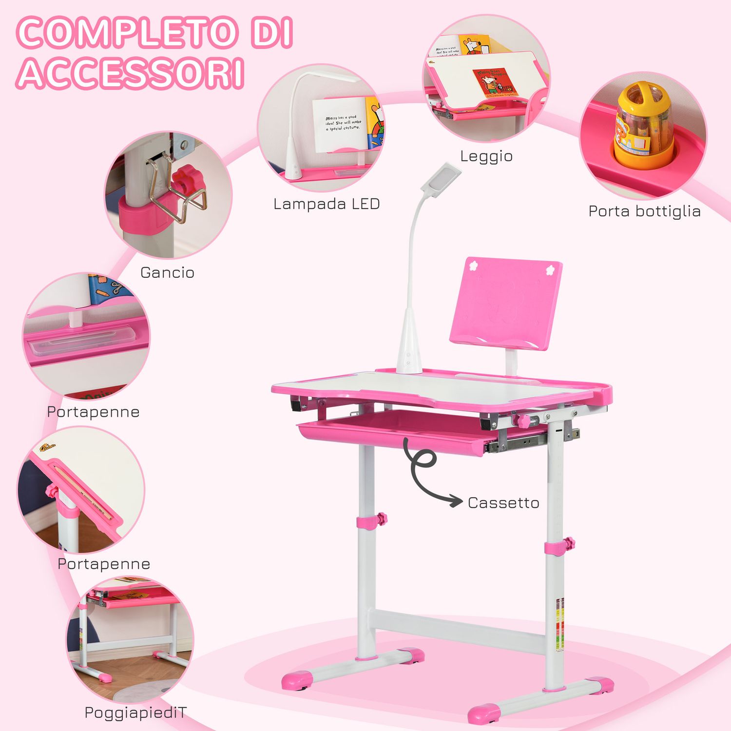 Banco scuola regolabile con sedia per bambini 6-12 anni, 70x49.5x80-105 cm, rosa - 