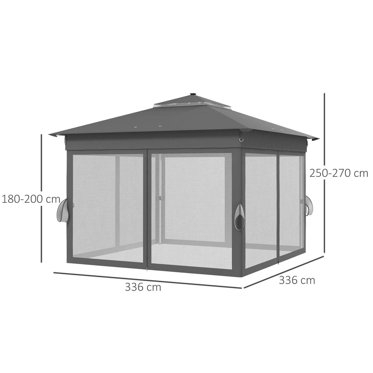 Gazebo da giardino ad altezza regolabile con luci led, in acciaio e tessuto oxford, 336x336x250-270 cm, grigio - 