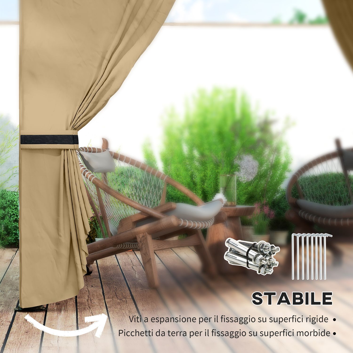 Gazebo da giardino 3.4x3.4m con pareti, protezione uv e tetto a 2 livelli, beige - 