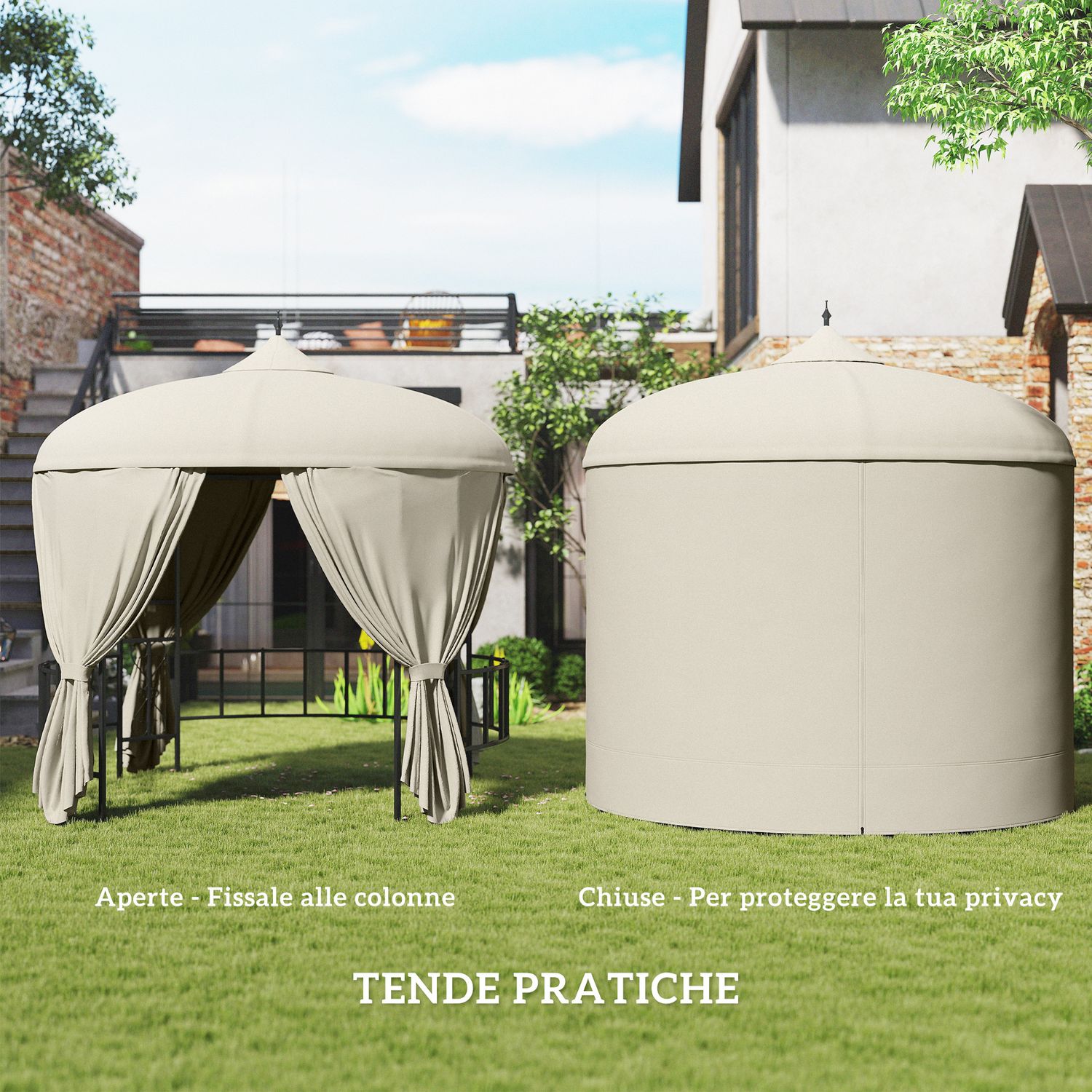 Gazebo da giardino rotondo ø3m con tende e prese d'aria in metallo e poliestere, beige - 
