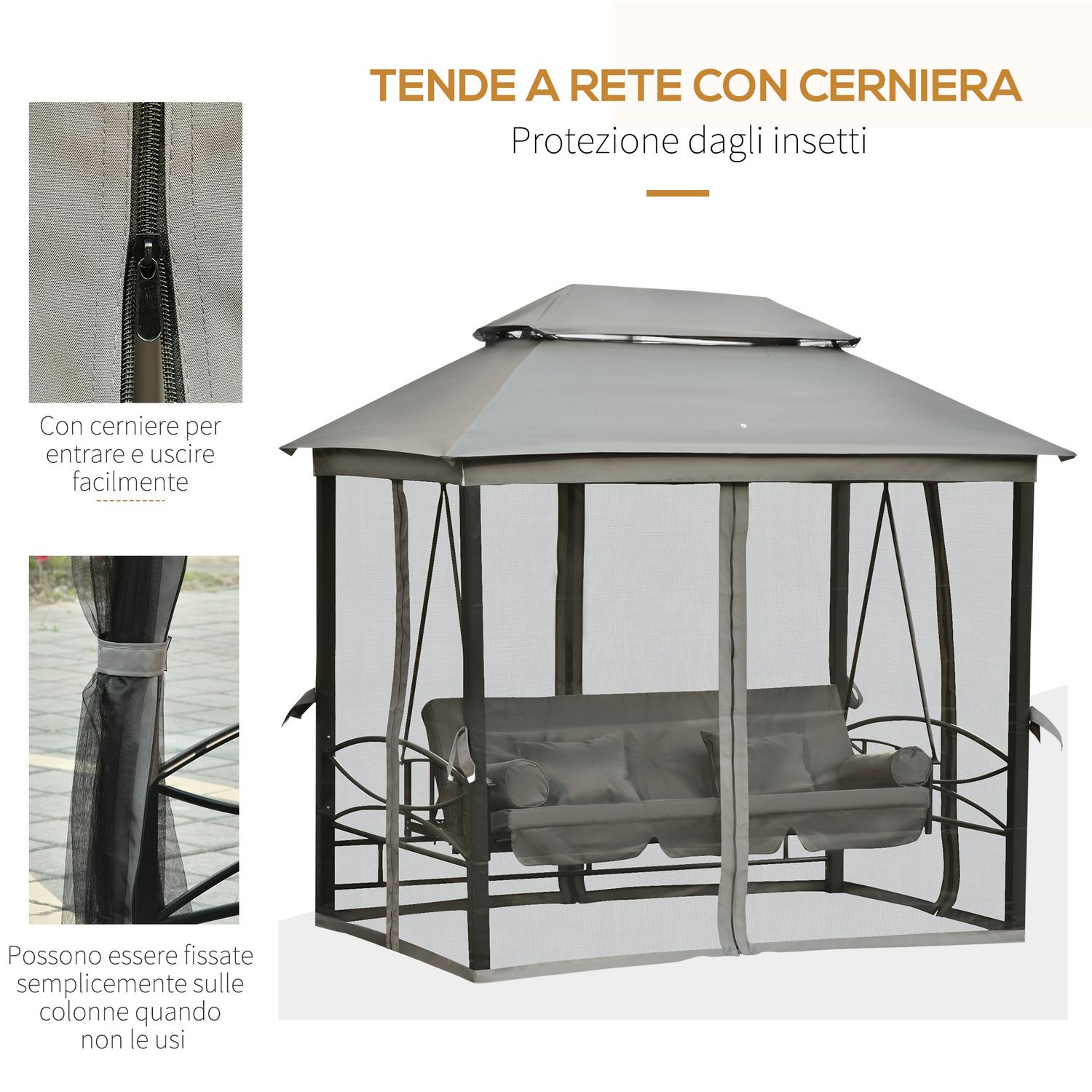 Dondolo da giardino 3 posti lettino e gazebo design 3 in 1 con tettuccio, 256x172x248 cm, grigio scuro - 