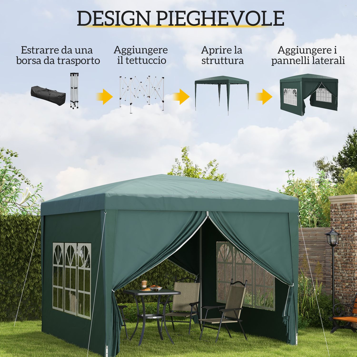 Gazebo 3x3 m da giardino impermeabile in acciaio con copertura in tessuto oxford, verde - 