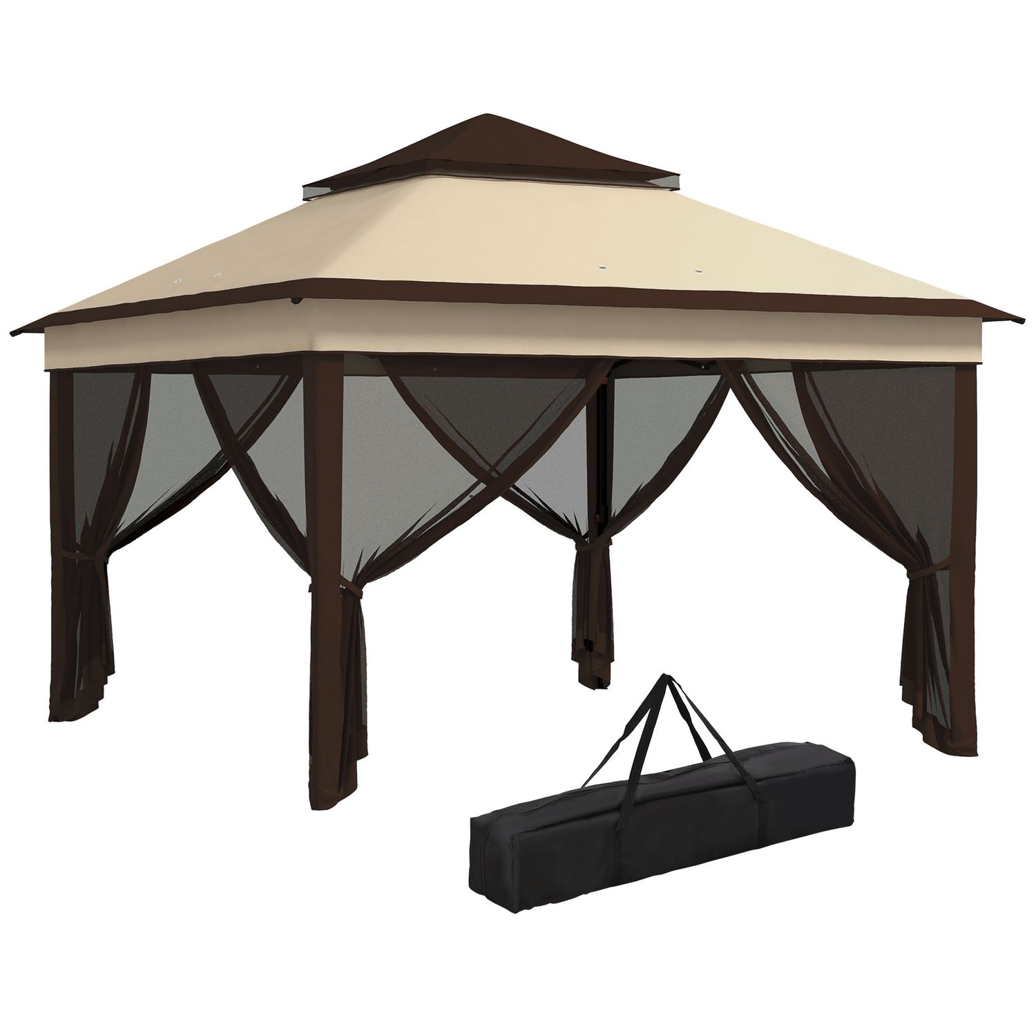 Gazebo 3x3 regolabile su 3 livelli con pareti rimovibili, in acciaio e tessuto oxford, color caffè e beige - 