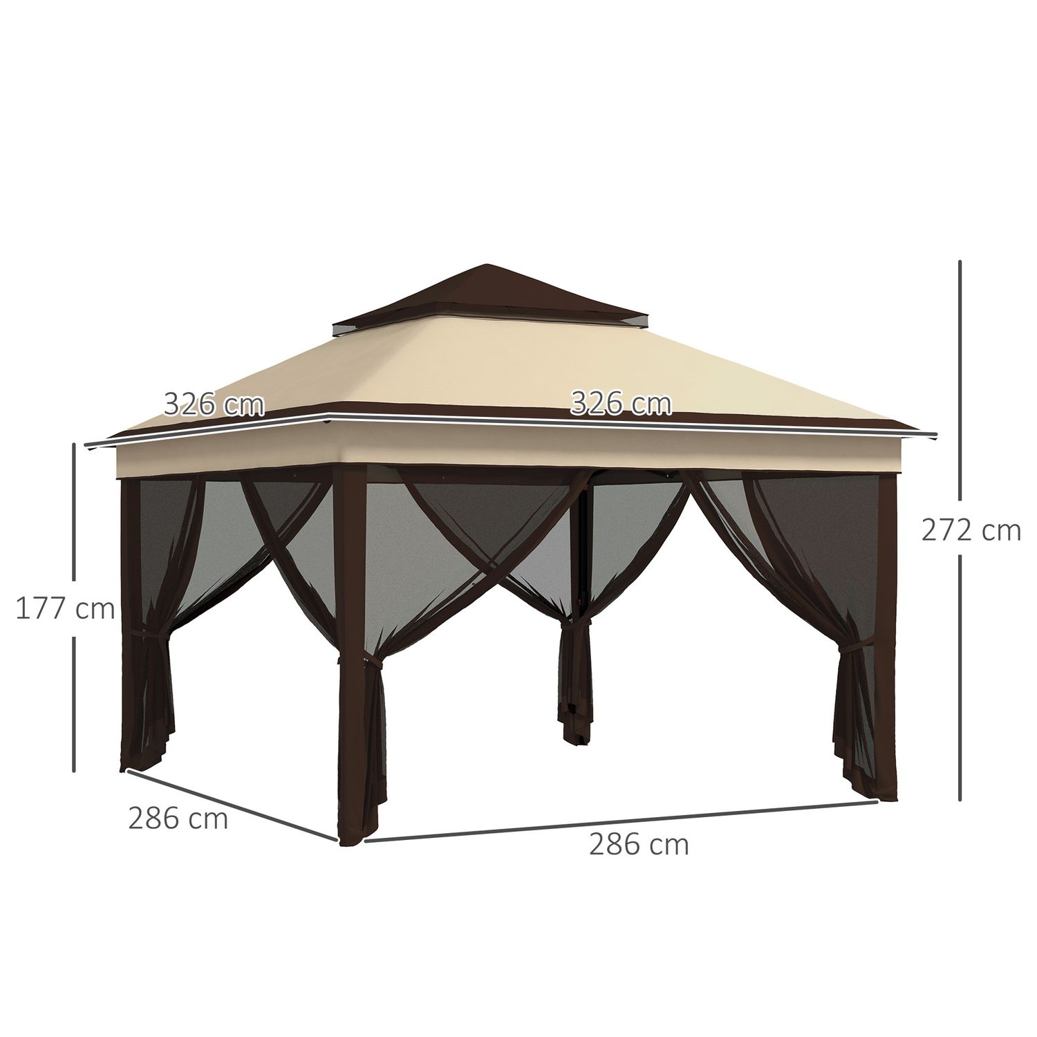 Gazebo 3x3 regolabile su 3 livelli con pareti rimovibili, in acciaio e tessuto oxford, color caffè e beige - 