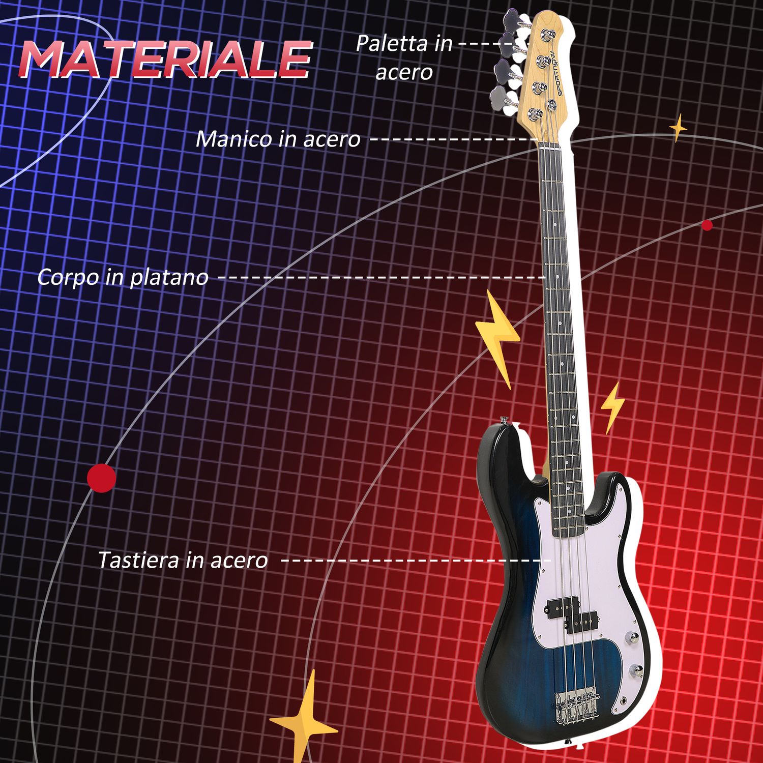 Basso elettrico 4 corde con amplificatore 15w, borsa, tracolla e plettri, colore blu scuro - 