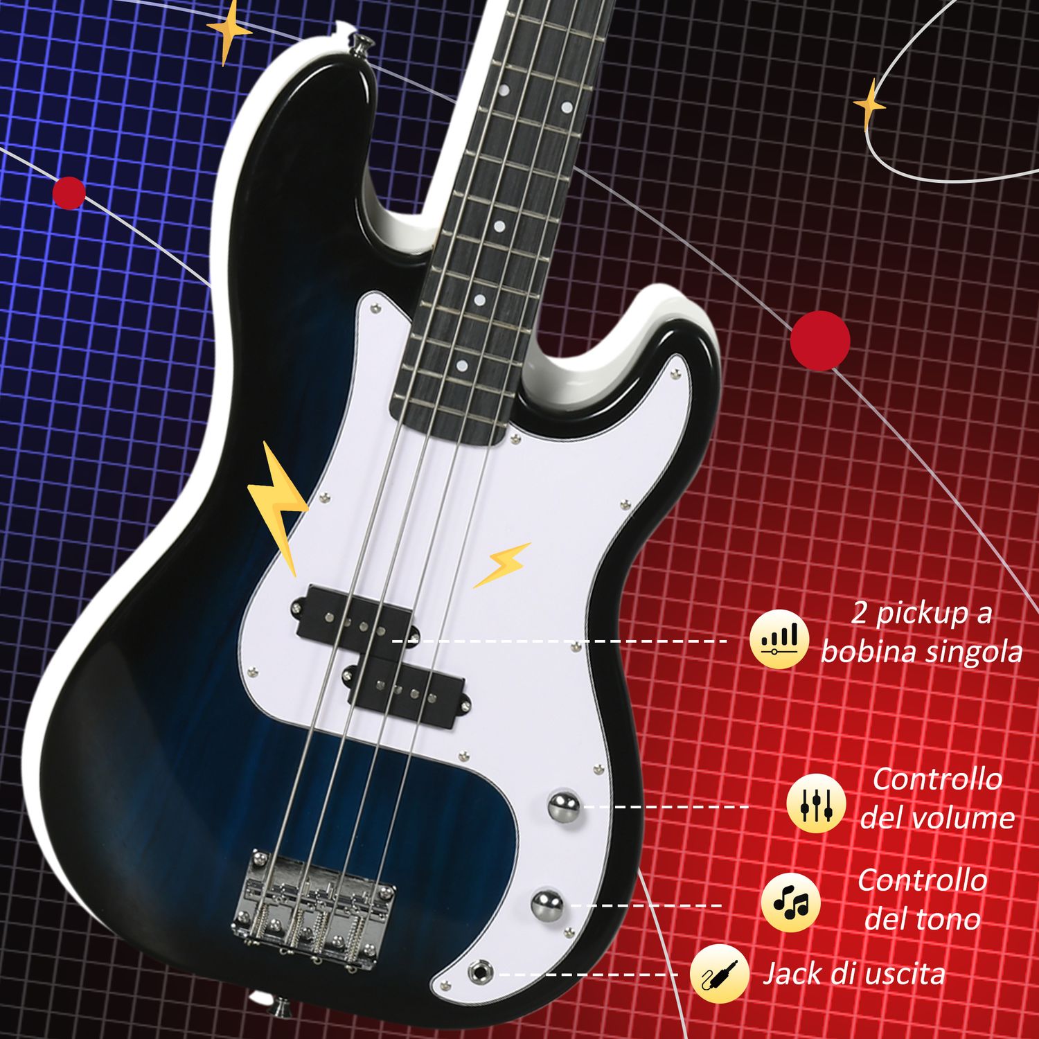 Basso elettrico 4 corde con amplificatore 15w, borsa, tracolla e plettri, colore blu scuro - 