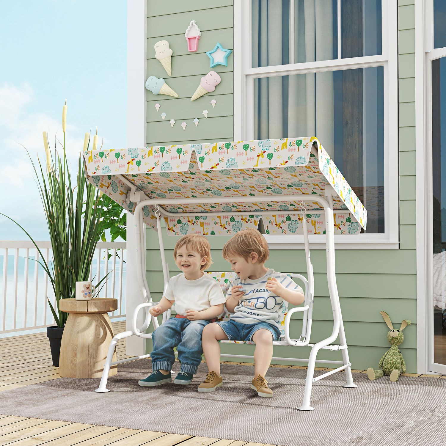 Dondolo per bambini da esterno a 2 posti con tettuccio regolabile e cinture di sicurezza, 112x75x120 cm, bianco - 